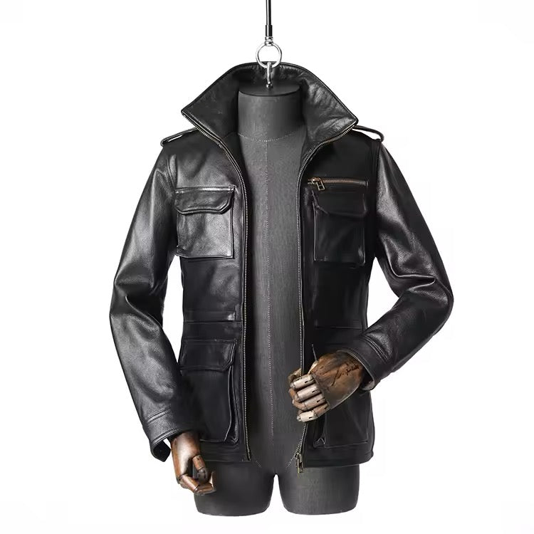 Stand Collar Leather Jacket (Black)