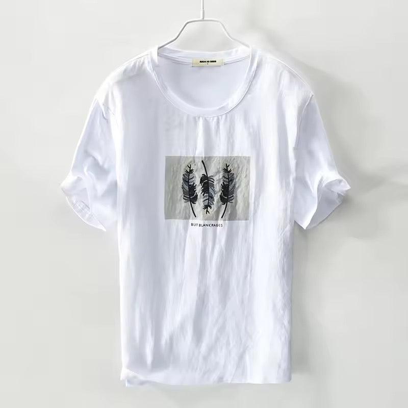 White Linen Graphic Print Tshirt- Feathers