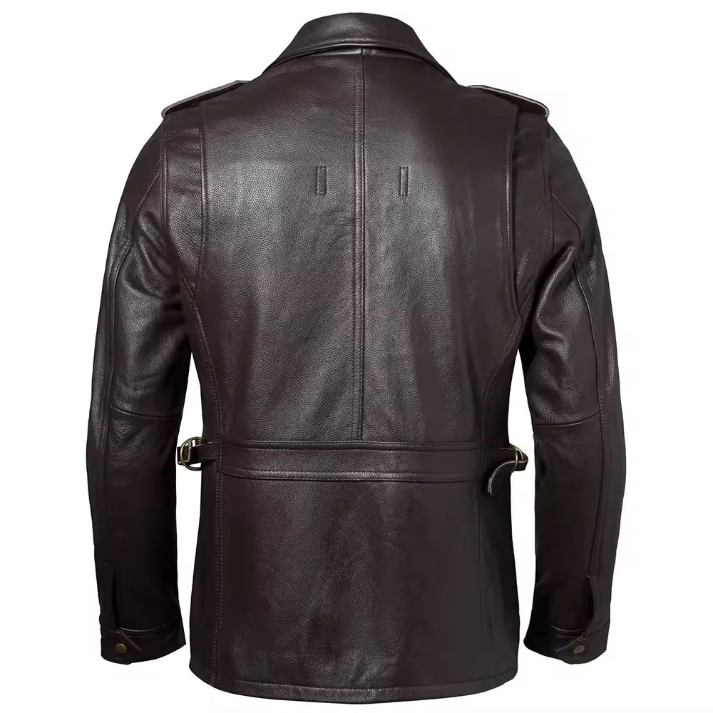 Stand Collar Leather Jacket (Brown)