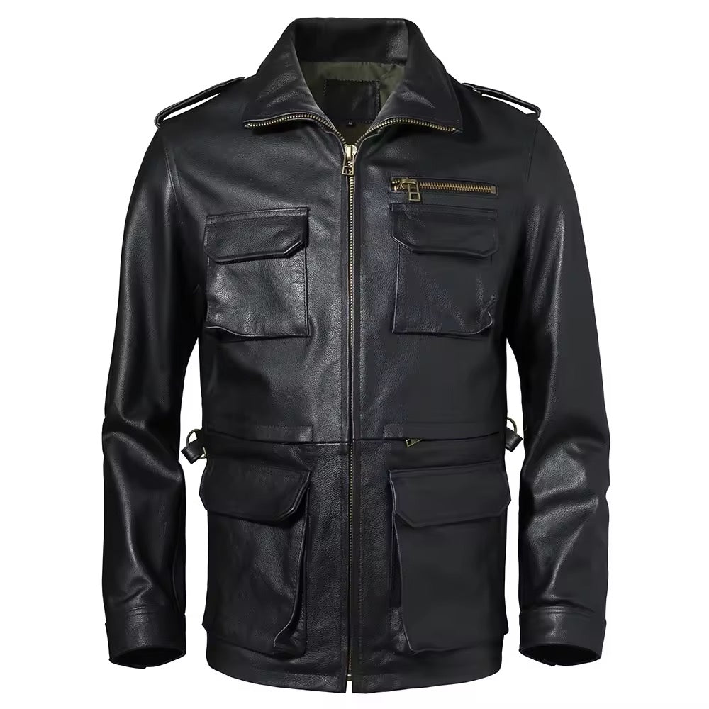 Stand Collar Leather Jacket (Black)