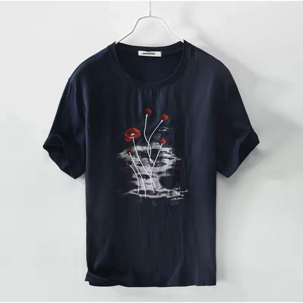 Navy Linen Graphic Print Tshirt- Petals