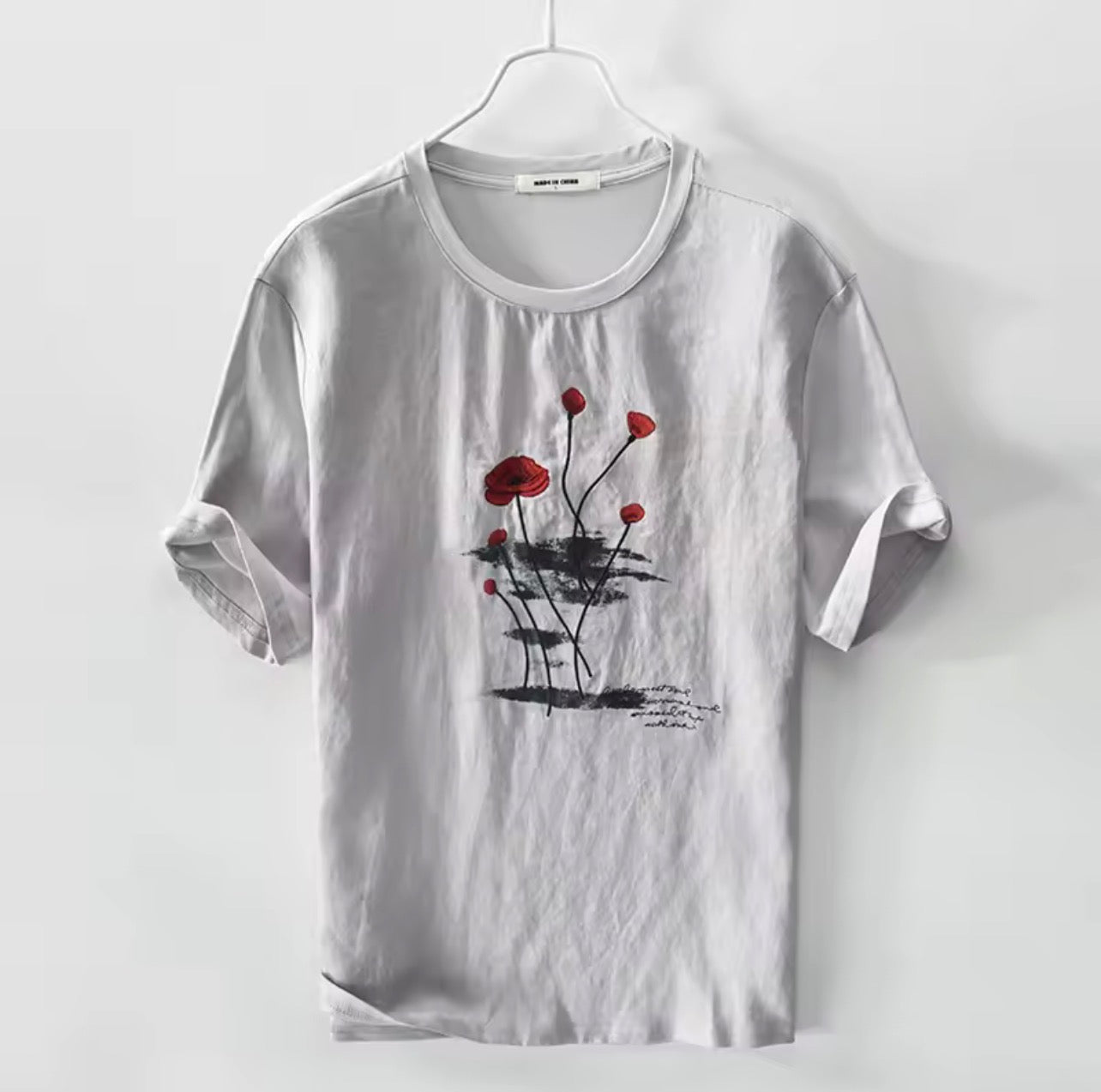 Grey Linen Graphic Print Tshirt- Flowers