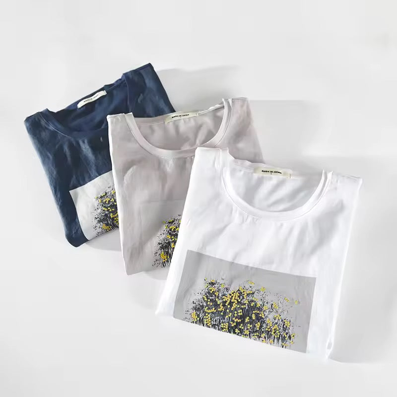 Navy Linen Graphic Print Tshirt- Lonely Tree
