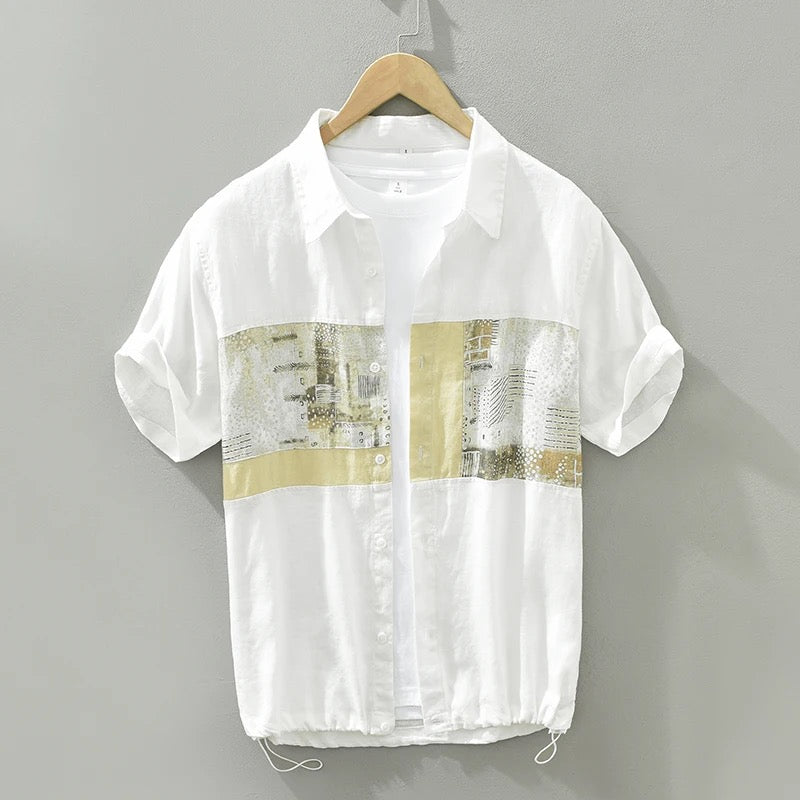 White Flower Print Linen Shirt