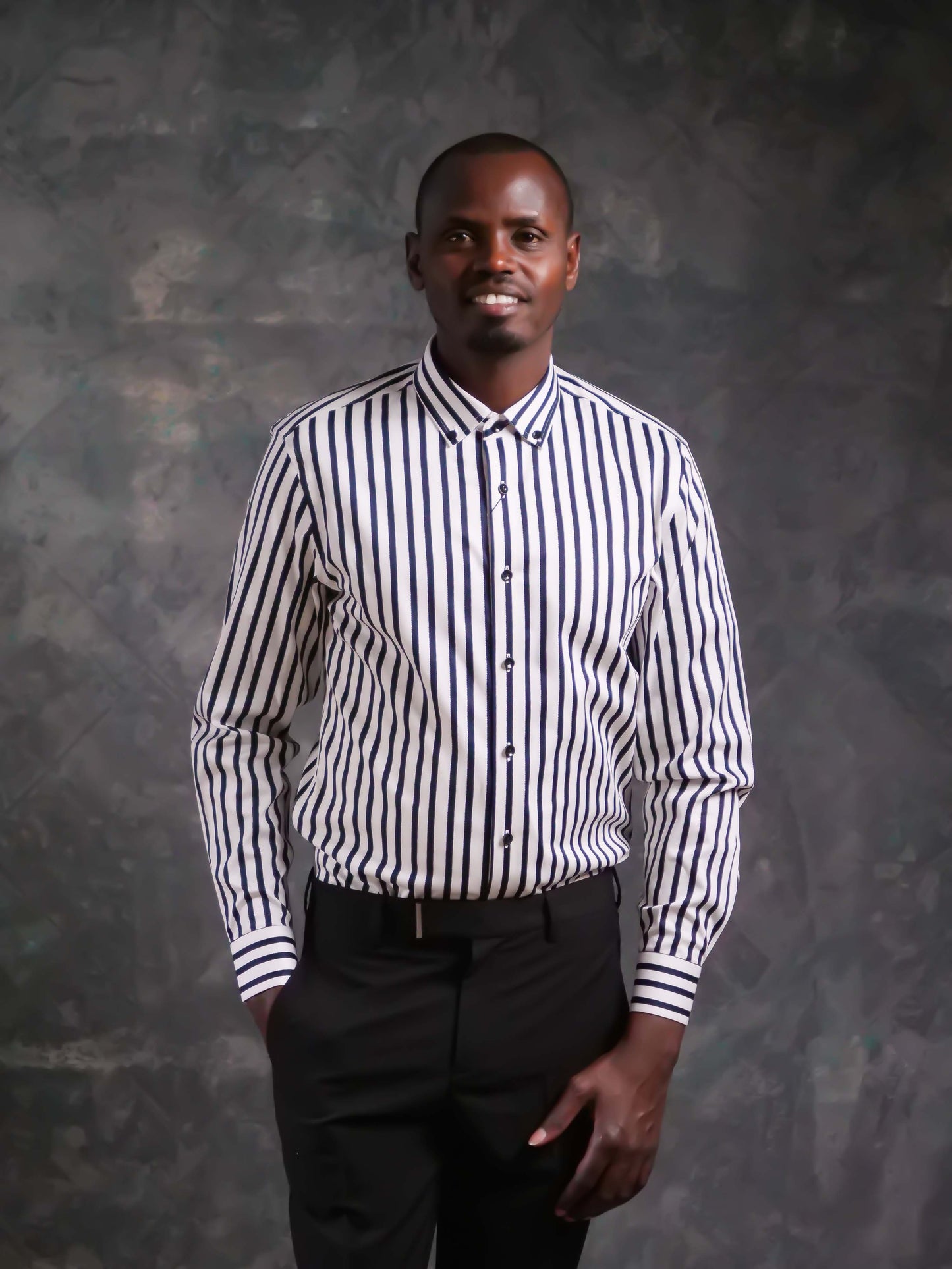 Striped Cotton Dress Shirt—NAVY