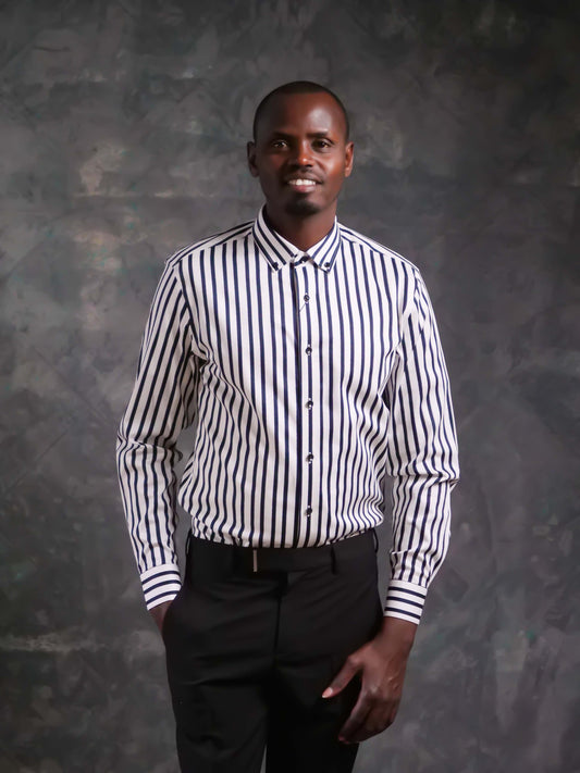 Striped Cotton Dress Shirt—NAVY