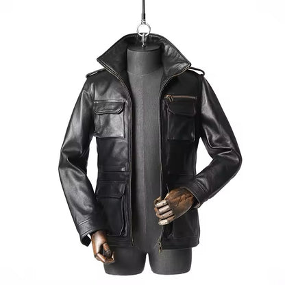 Stand Collar Leather Jacket (Black)