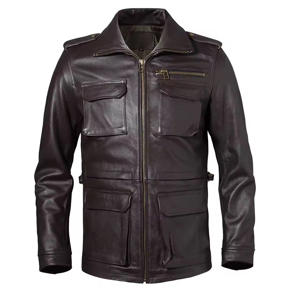 Stand Collar Leather Jacket (Brown)
