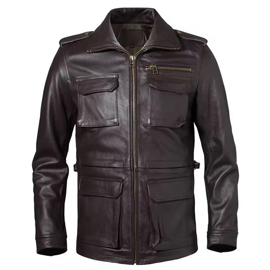 Stand Collar Leather Jacket (Brown)