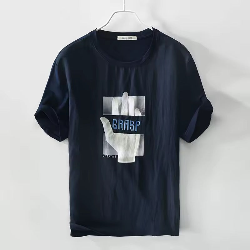 Navy Linen Graphic Print Tshirt- Grasp