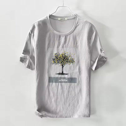 Grey Linen Graphic Print Tshirt- Lonely Tree