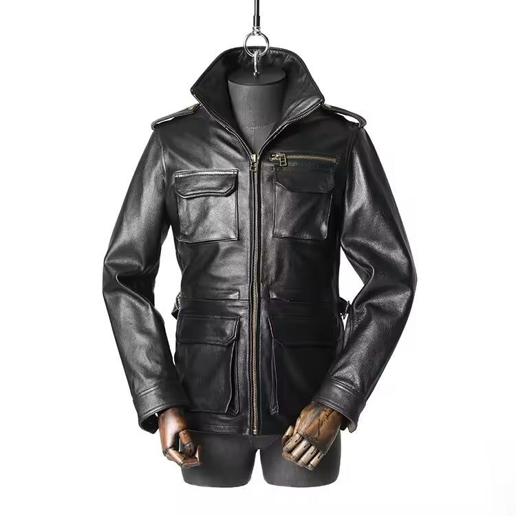 Stand Collar Leather Jacket (Black)
