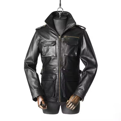 Stand Collar Leather Jacket (Black)