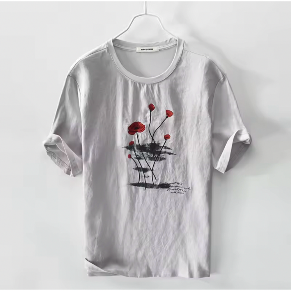 Grey Linen Graphic Print Tshirt- Flowers