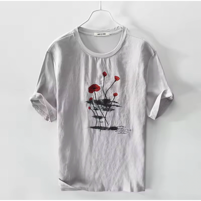 Grey Linen Graphic Print Tshirt- Flowers