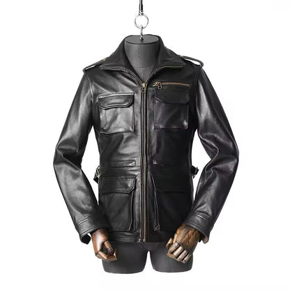 Stand Collar Leather Jacket (Black)