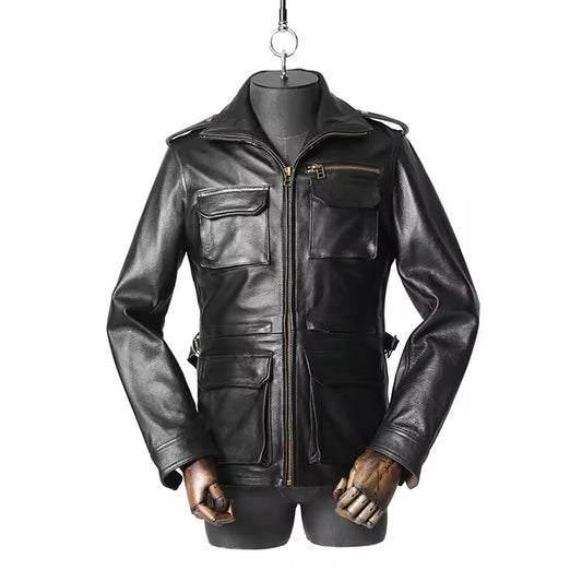 Stand Collar Leather Jacket (Black)