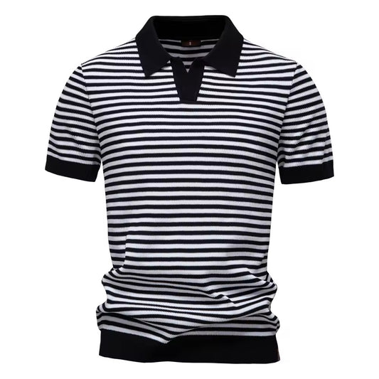 Knitted Polo Shirt- Black Stripes