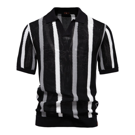 Knitted Polo Shirt- Black Stripes