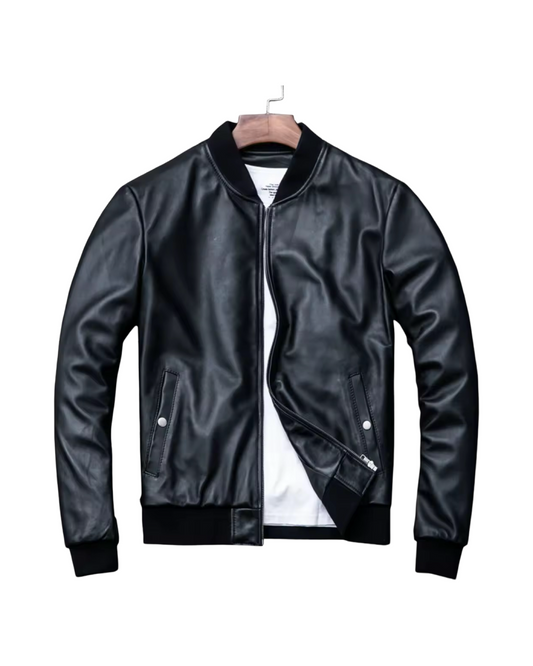 Ribbed Collar Leather Jacket