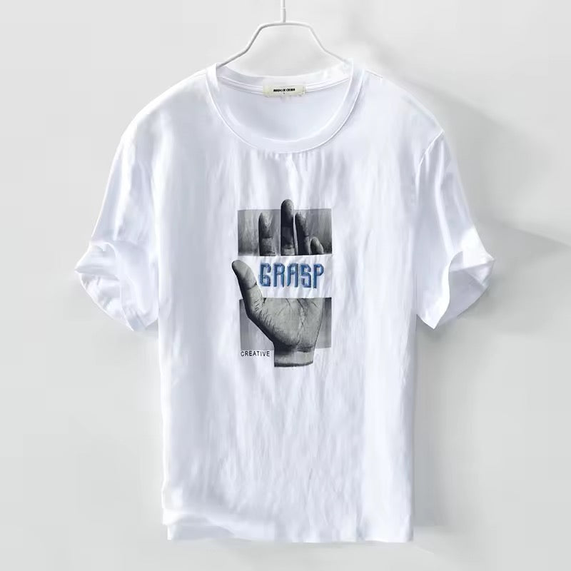 White Linen Graphic Print Tshirt- Grasp