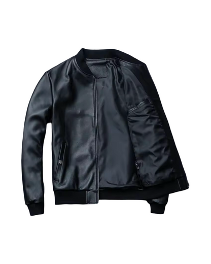 Ribbed Collar Leather Jacket