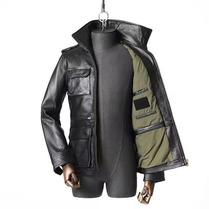 Stand Collar Leather Jacket (Black)