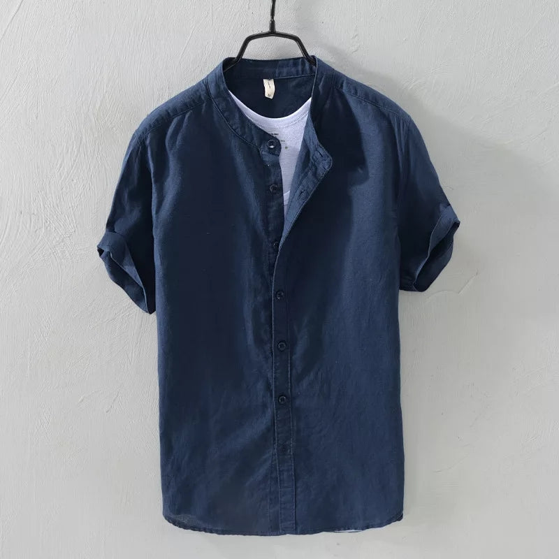 Navy Blue Mandarin Collar Linen Shirt--Short Sleeve