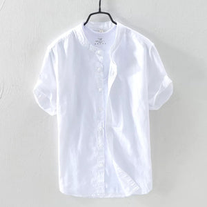 White Mandarin Collar Linen Shirt--Short Sleeve