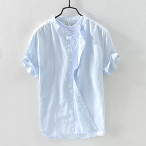 Sky Blue Mandarin Collar Linen Shirt--Short Sleeve