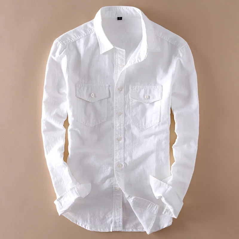 White Double Pocket Linen Shirt