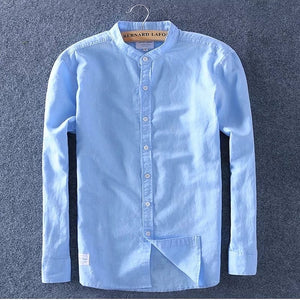 Sky Blue Mandarin Collar Linen Shirt