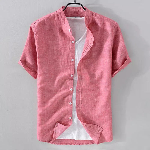 PINK Mandarin Collar Linen Shirt--Short Sleeve