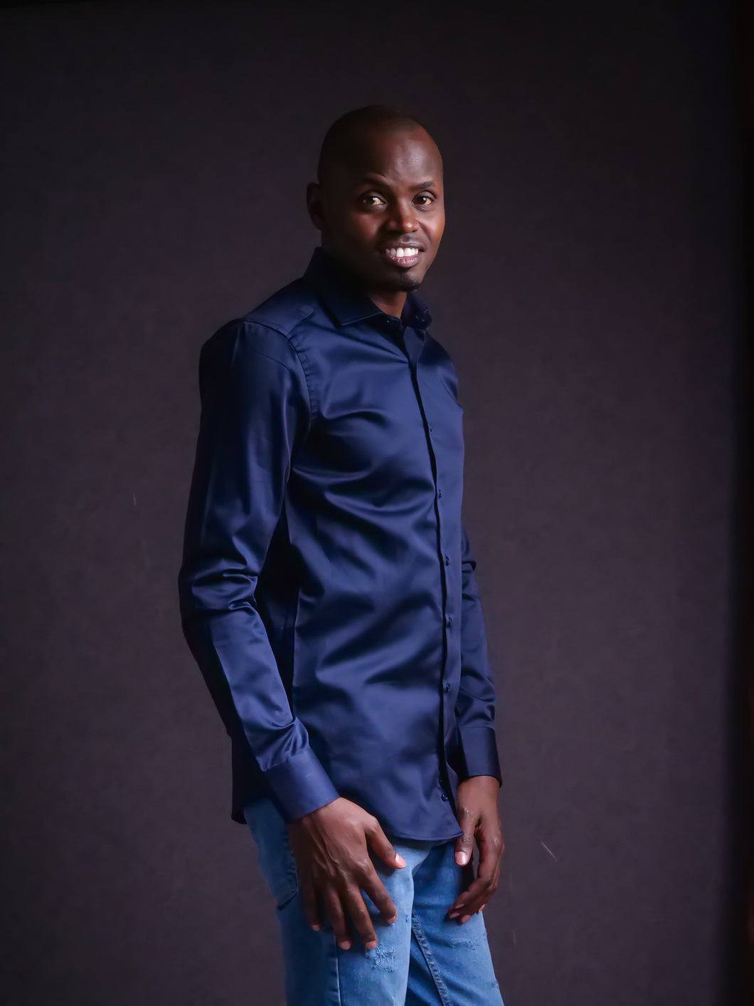 Satin Cotton Dress Shirt—NAVY